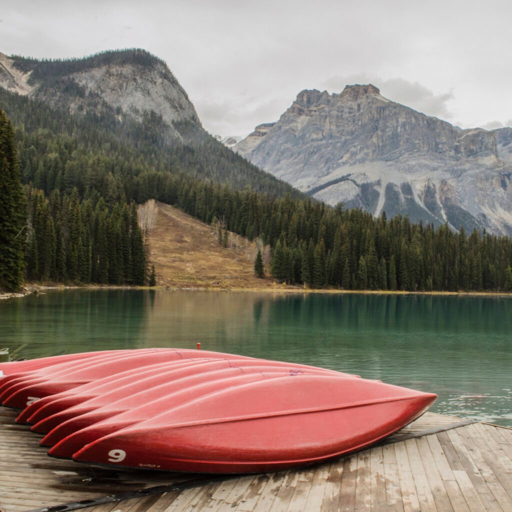 Red rental canoe at Emerald Lake, Yoho National Park of Canada